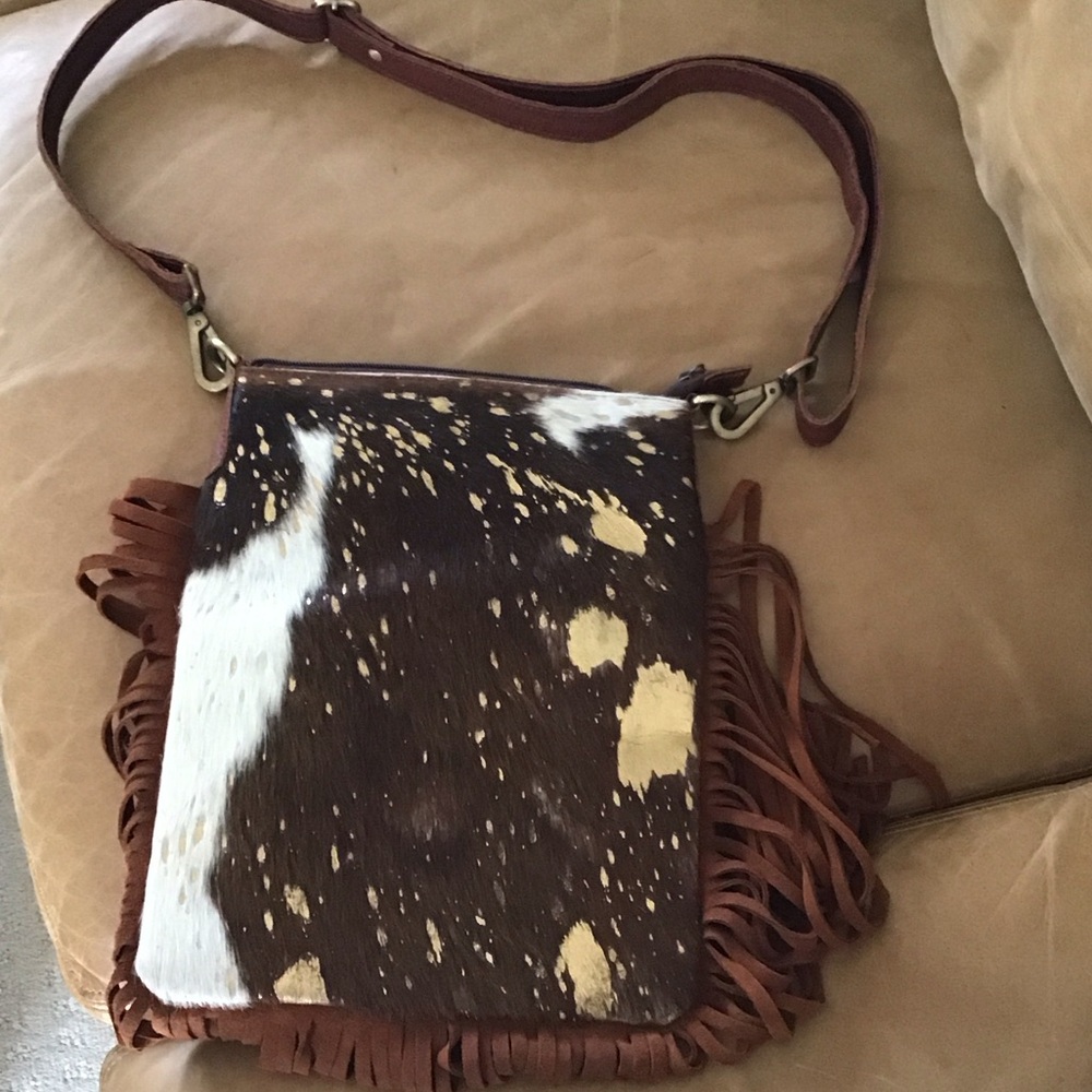 Brown and White Fringe Leather Crossbody Bag